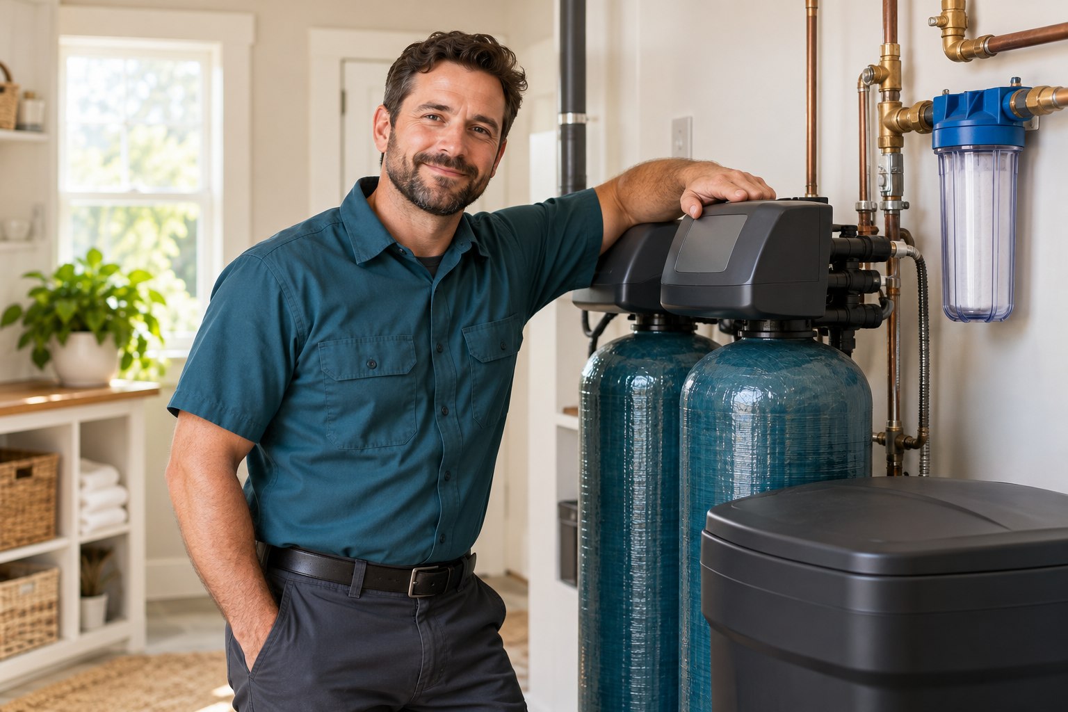 Approachable water treatment technician in a home utility room