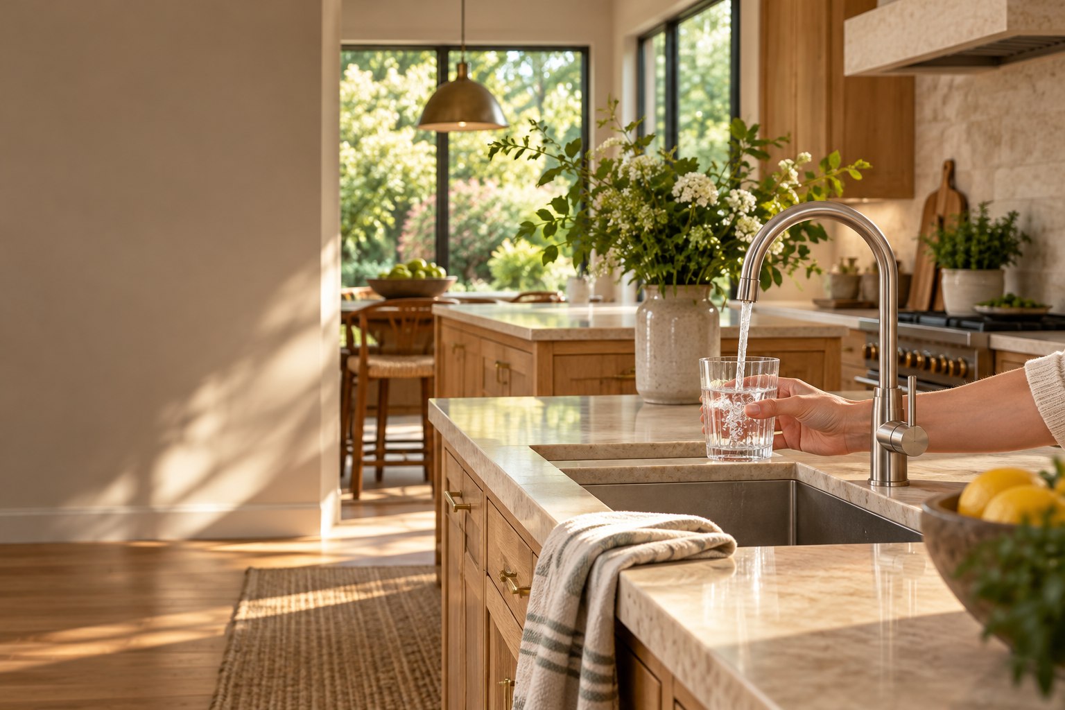 Filtered drinking water poured into a glass in a warm, sunlit home kitchen