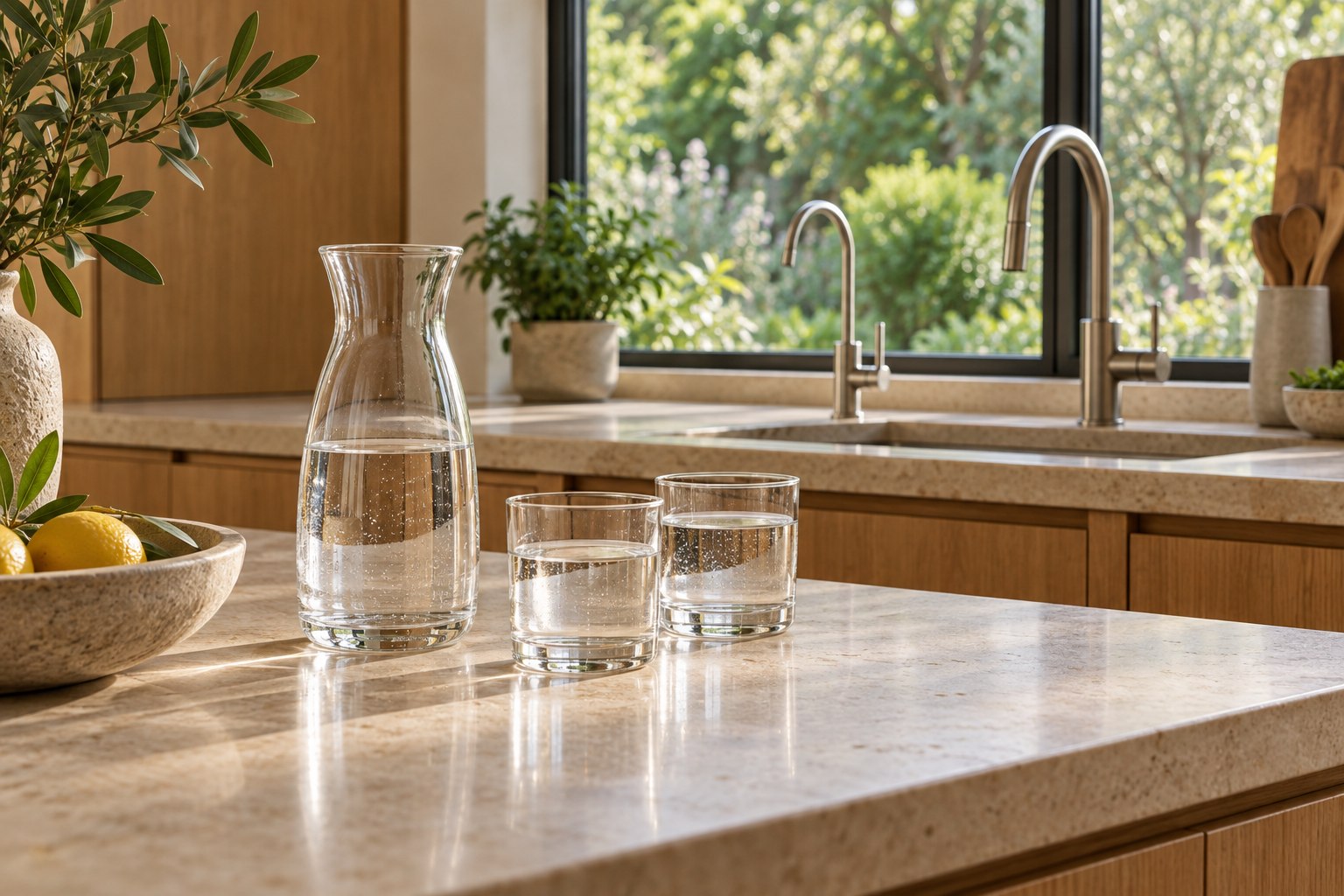 A carafe and glasses of water beside a dedicated filtered-water tap in a home kitchen