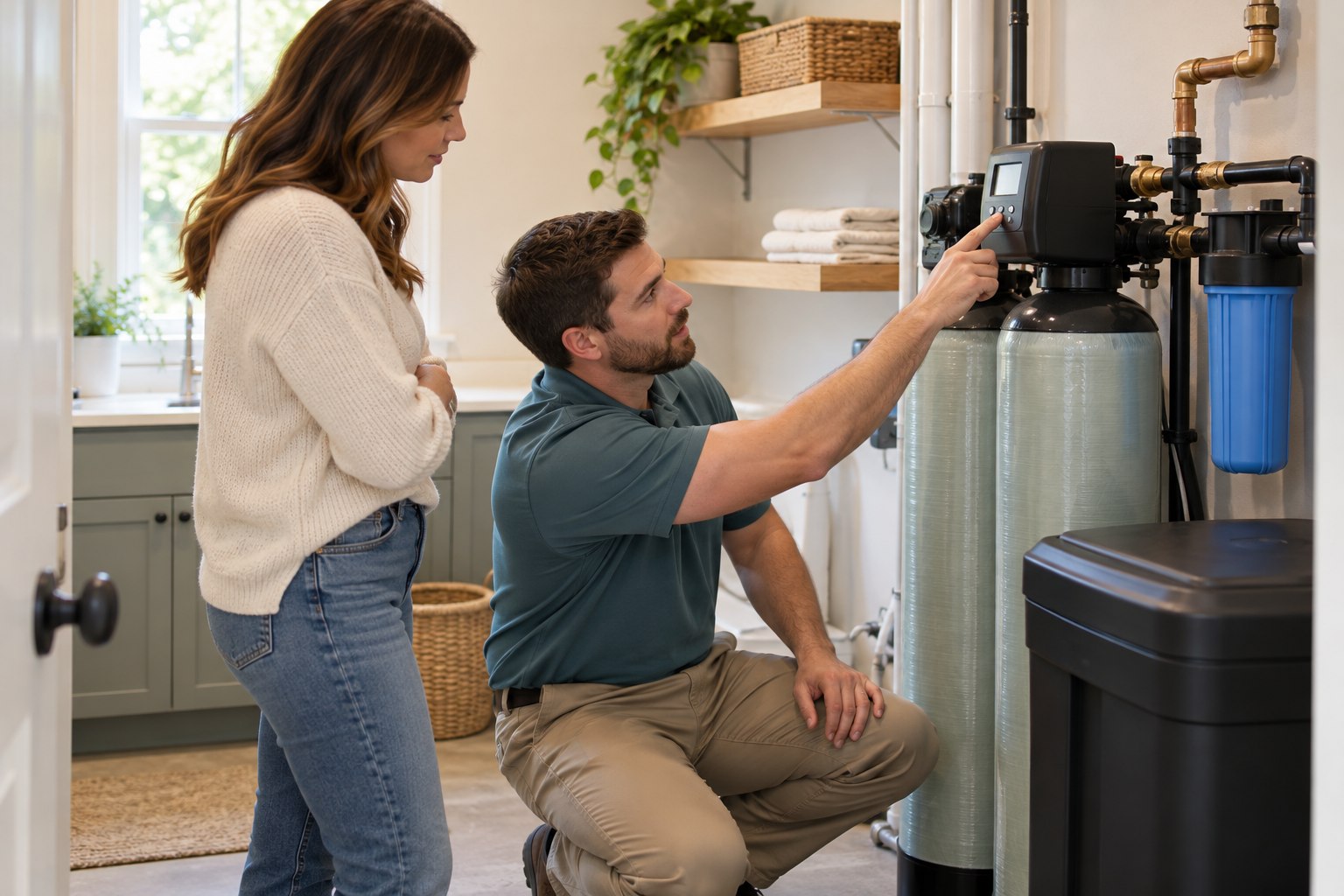 A technician explains a residential filtration system to a homeowner