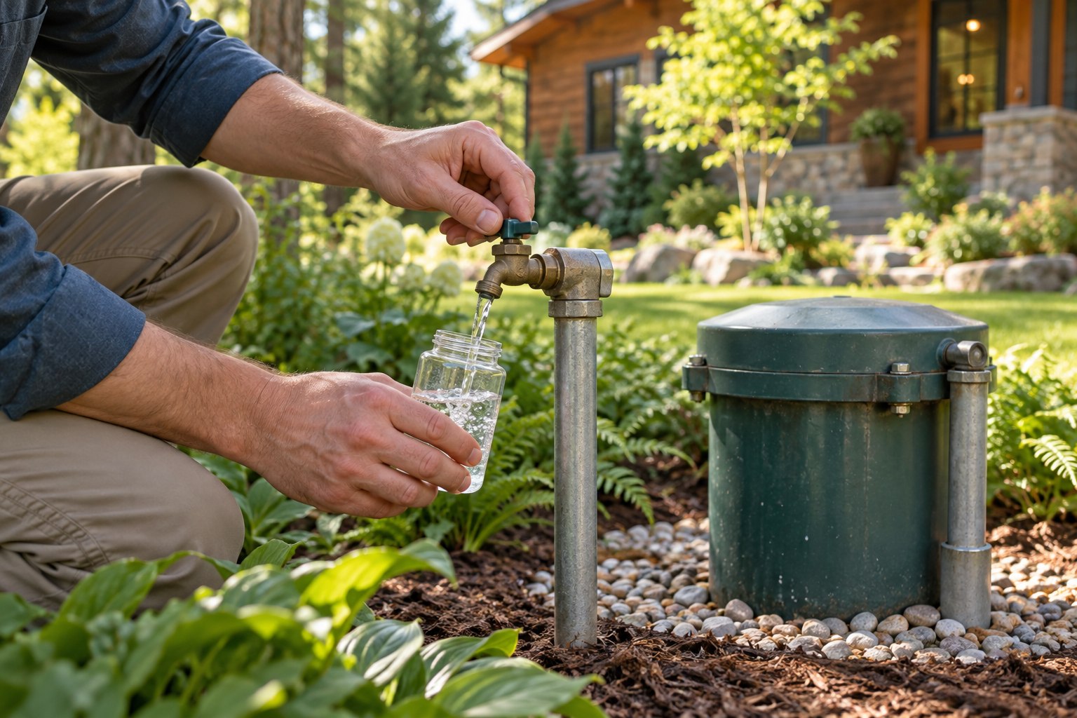 A technician collects a water sample beside a private well in a residential garden