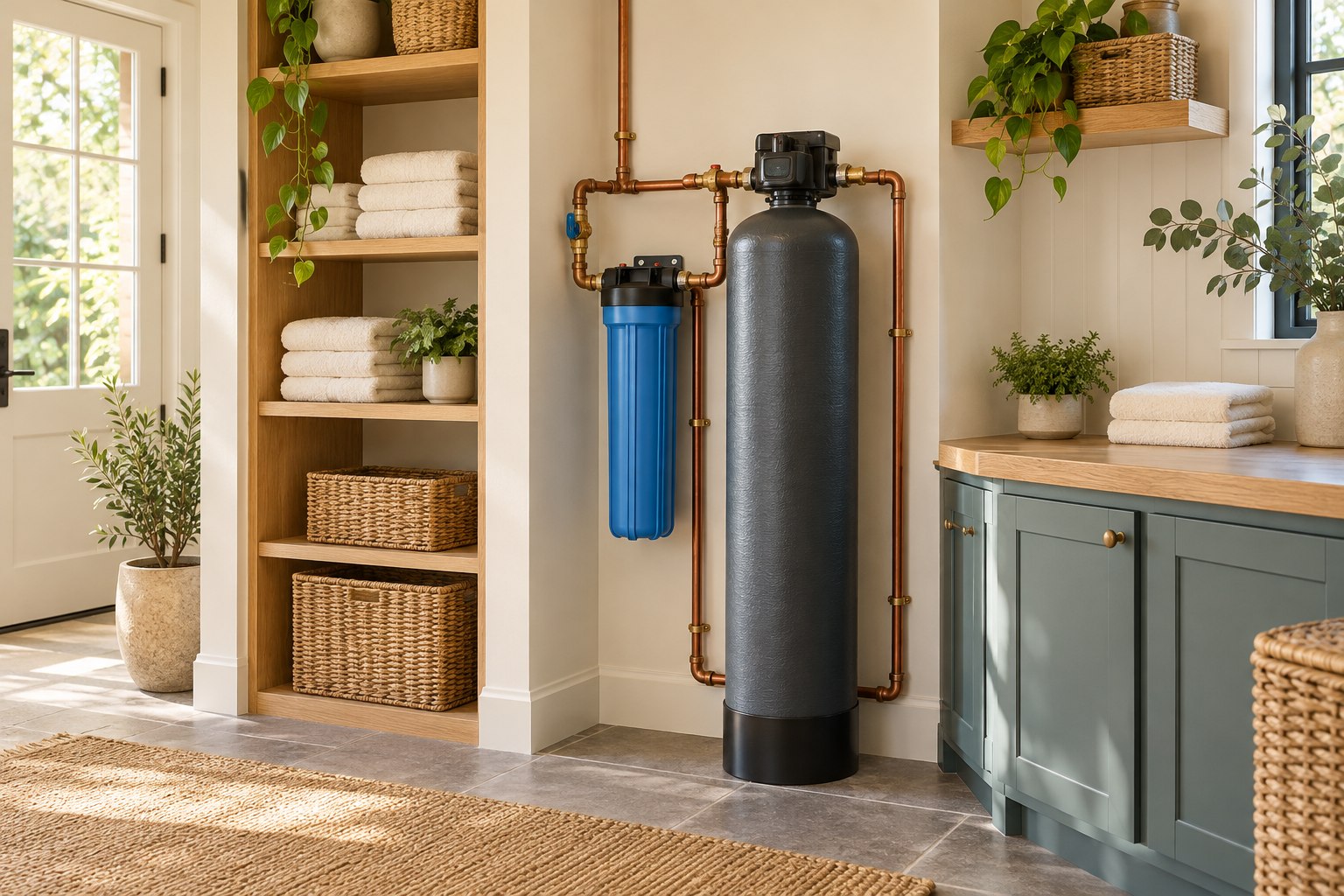 Whole-house filtration tanks installed in a clean residential utility room