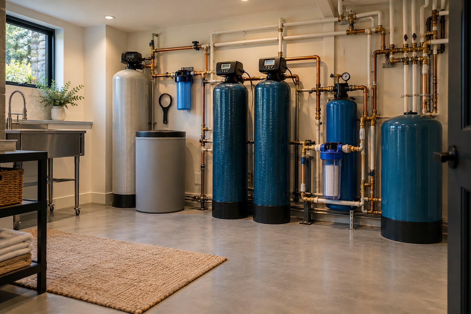 Water filtration and softening equipment installed in a residential utility room